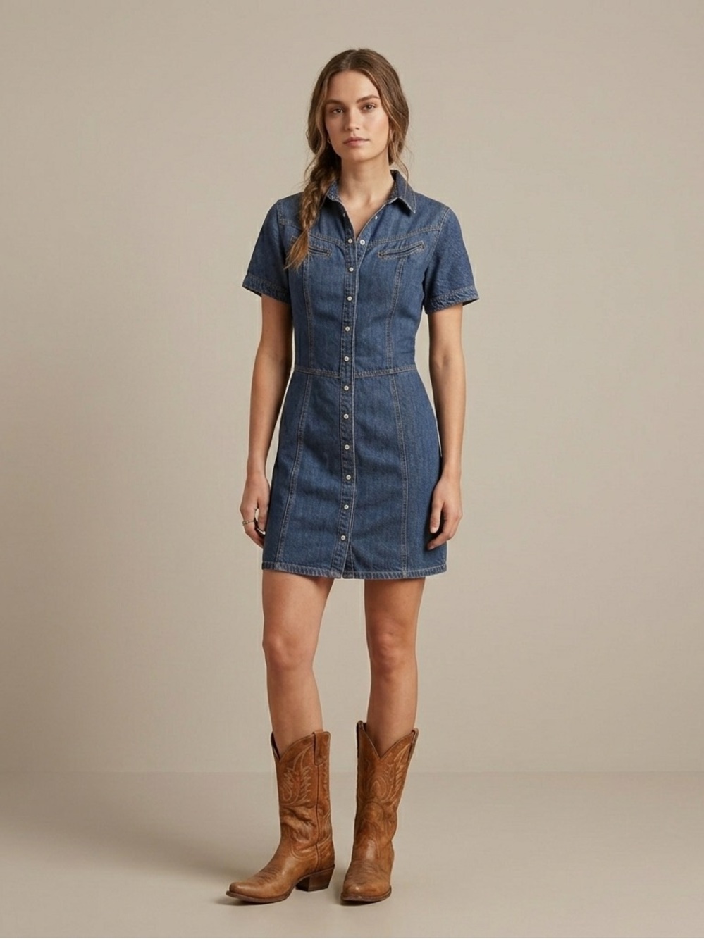 Levis Western Denim Pearl Snap Mini Dress Womens Size Medium Cowgirl Americana